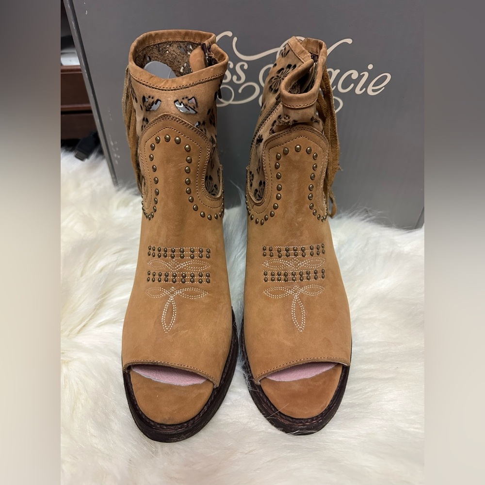 Miss Macie Anna Grace open toe leather boots 2 1/2” heel two pairs size 8, 9 1/2